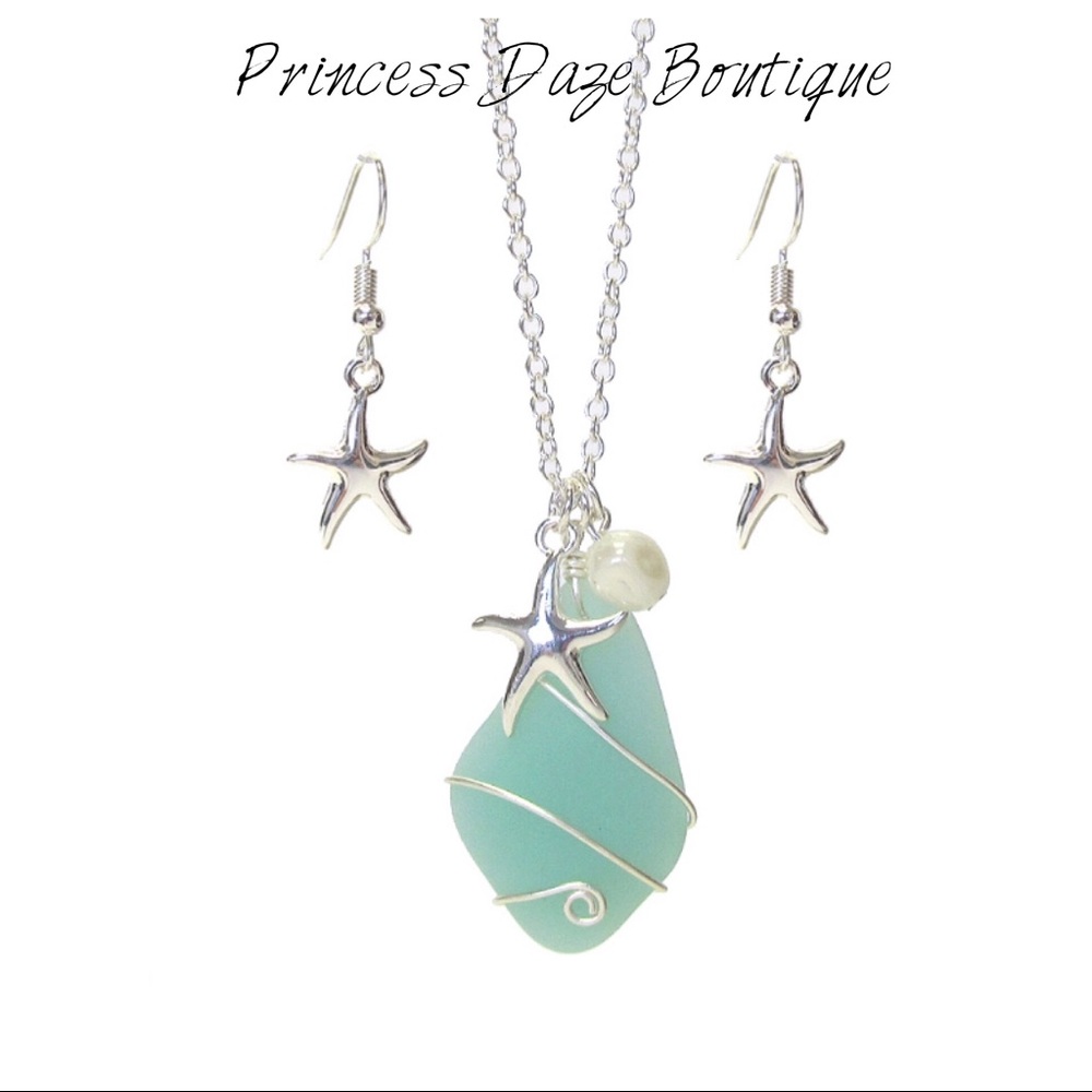 Sea Glass Starfish & Pearl Necklace‎ & Earring Set